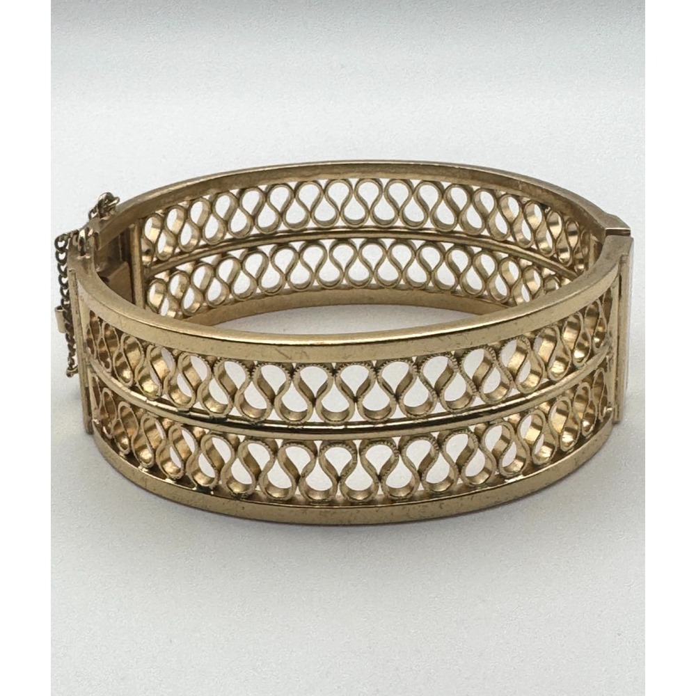Vintage Bergere Bracelet Gold Tone Openwork Loop Hinged Cuff Safety Chain